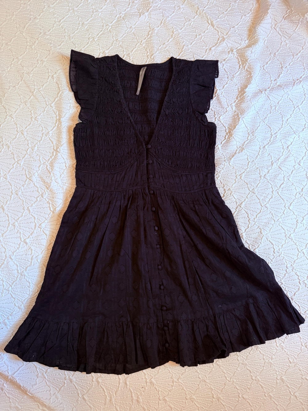 Anthropologie Black Ruffle-Sleeve Button-Front Mini Dress